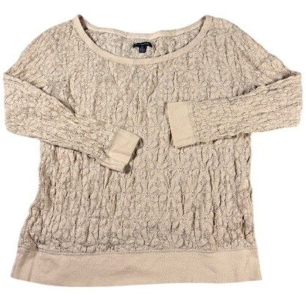 American Eagle Top Womens Med Beige Floral Lace Textured Scoop Neck Long Sleeve
